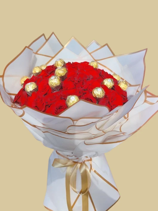 Midnight Rose red roses with Ferrero Rocher by RosaBella Flowers