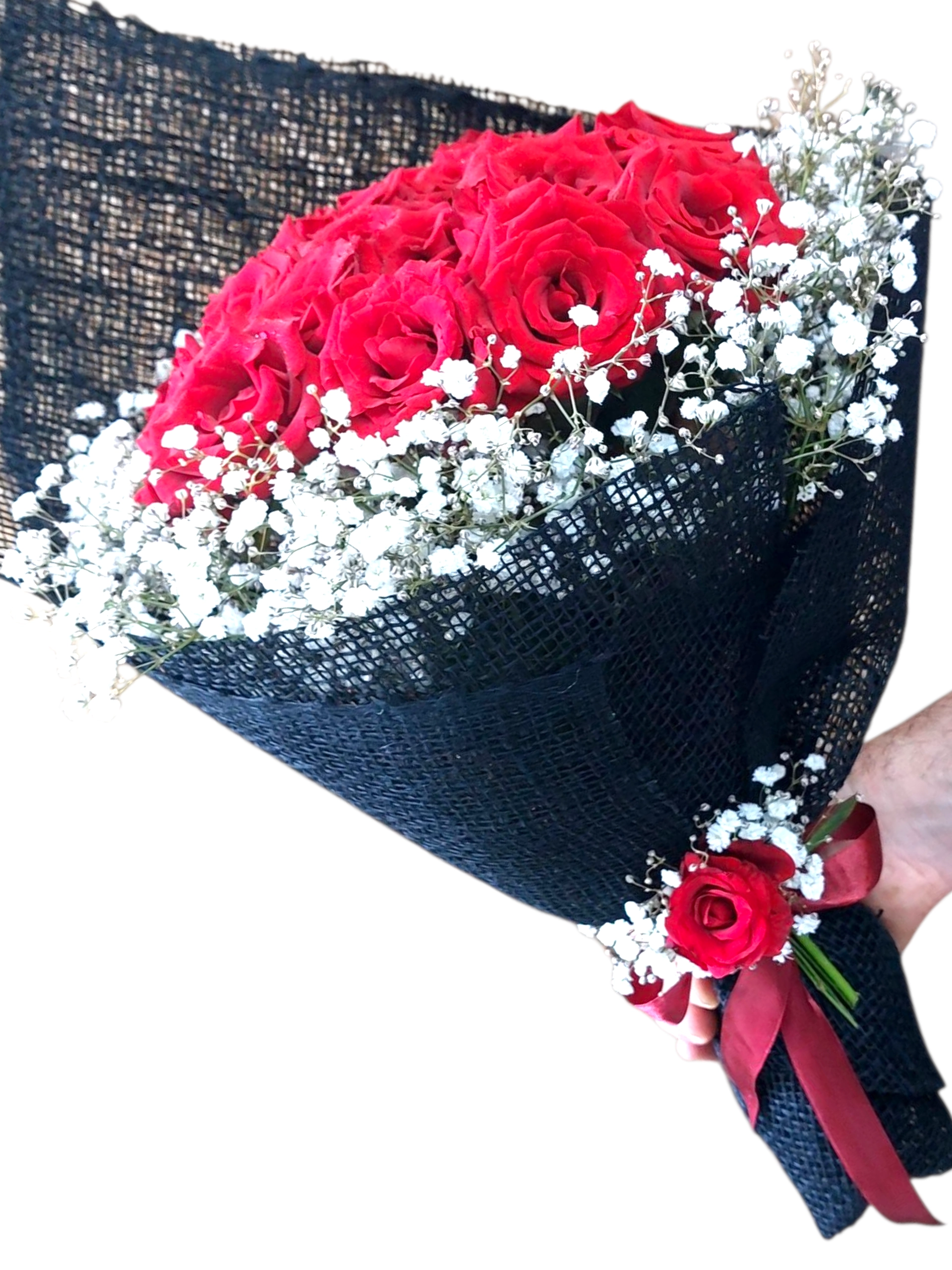 Ruby Cascade Ruby Cascade red roses and baby's breath by RosaBella Flowers