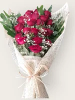 Rosabella Rouge red roses bouquet in burlap by RosaBella Flowers