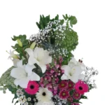 Lily Celebration white lily and gerbera vase arrangement by RosaBella Flowers
