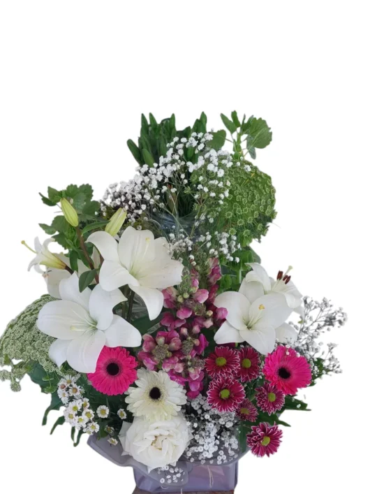 Lily Celebration white lily and gerbera vase arrangement by RosaBella Flowers